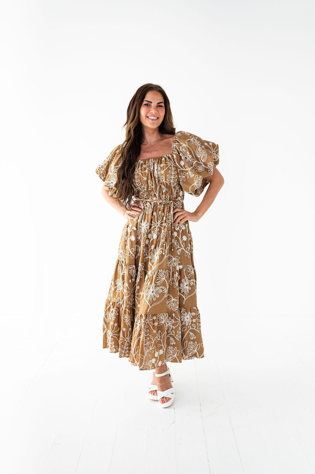 Arden Embroidered Dress in Light Brown