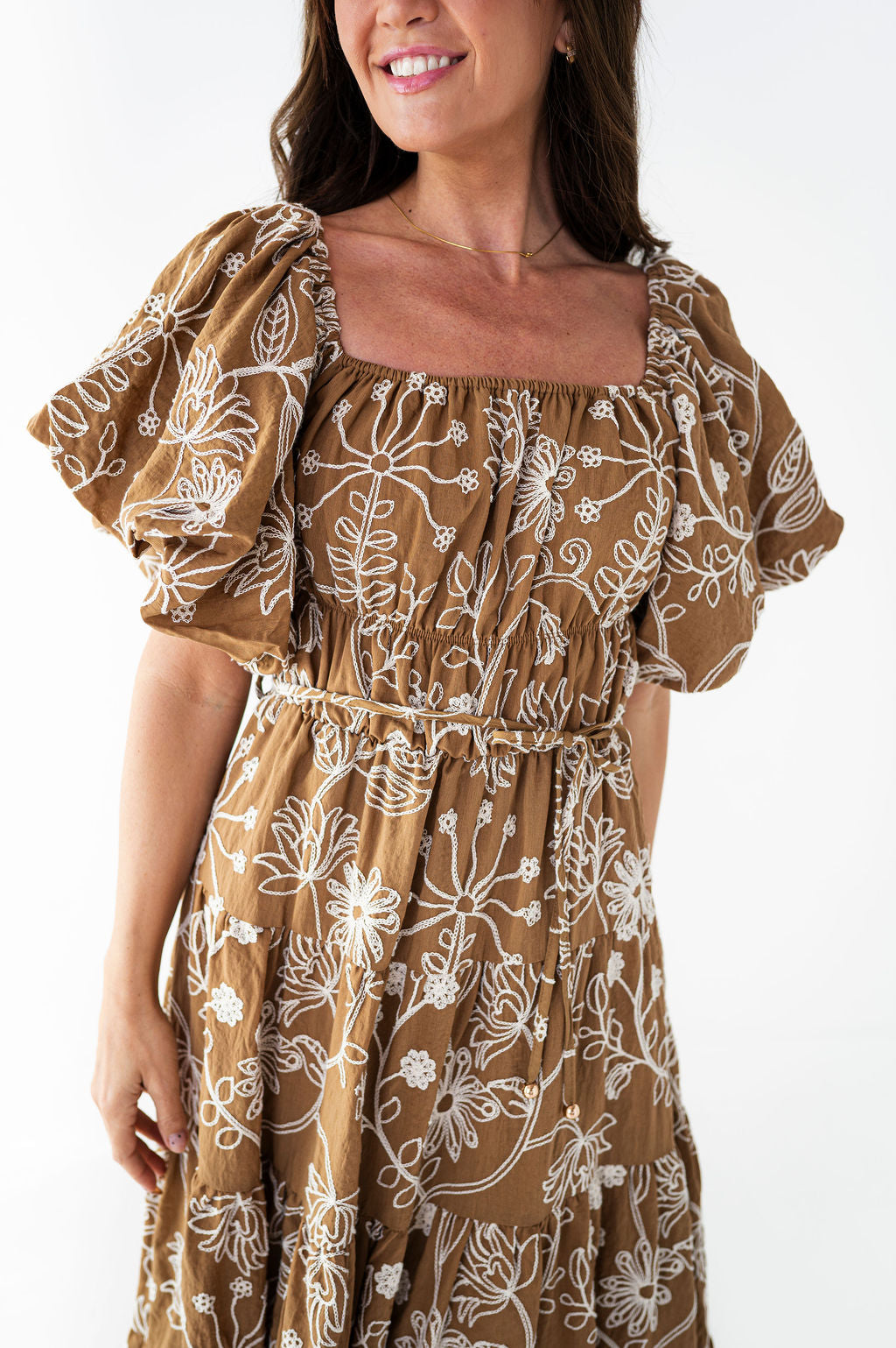 Arden Embroidered Dress in Light Brown