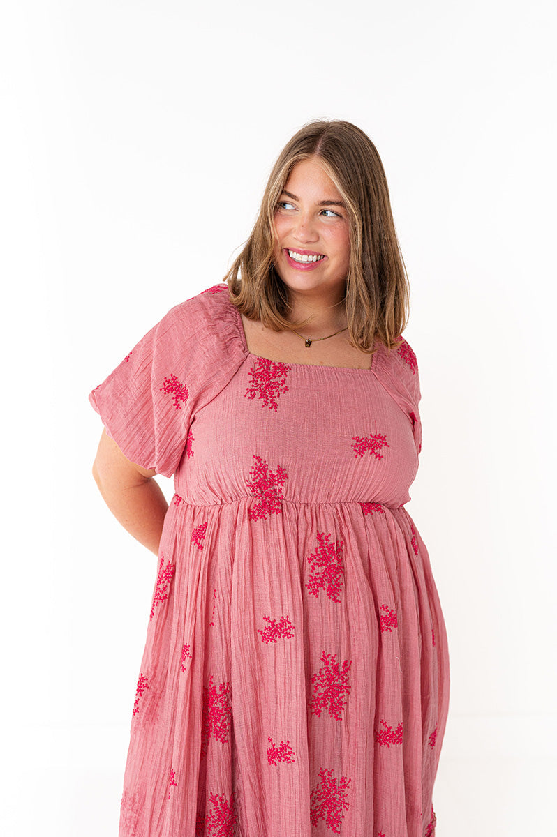 Lola Embroidered Dress in Dusty Mauve