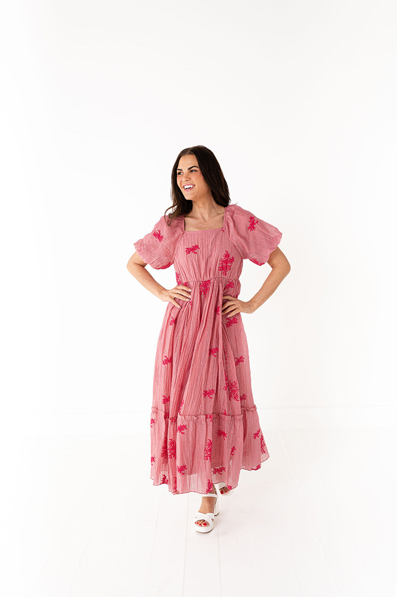Lola Embroidered Dress in Dusty Mauve