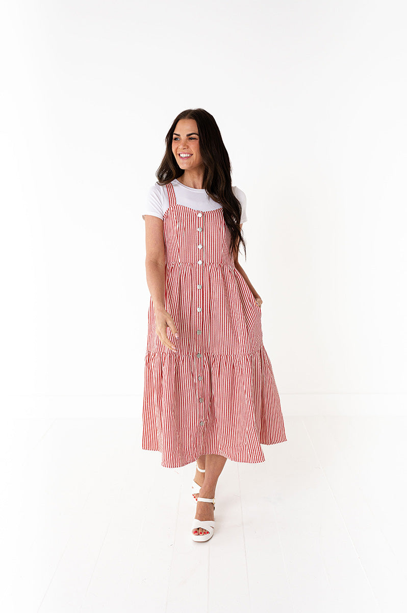 Cheyanne Overall Dress in Red Stripe