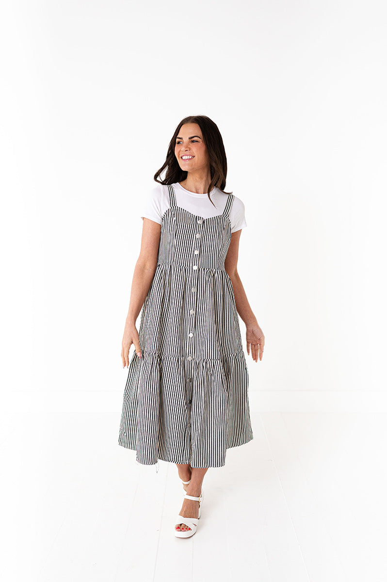 Cheyanne Overall Dress in Black Stripe