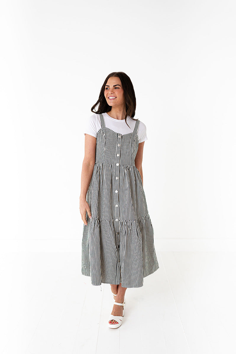 Cheyanne Overall Dress in Black Stripe